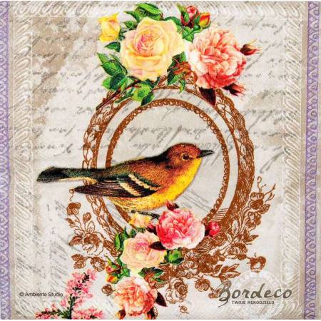 Serwetka do decoupage firmy AMBIENTE ptaszek w ramce 33x33cm